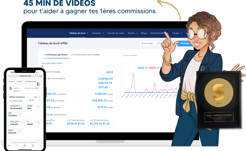 Tableau de bord d'affiliation avec statistiques sur les commissions et un personnage illustrant une formation pour débutants.