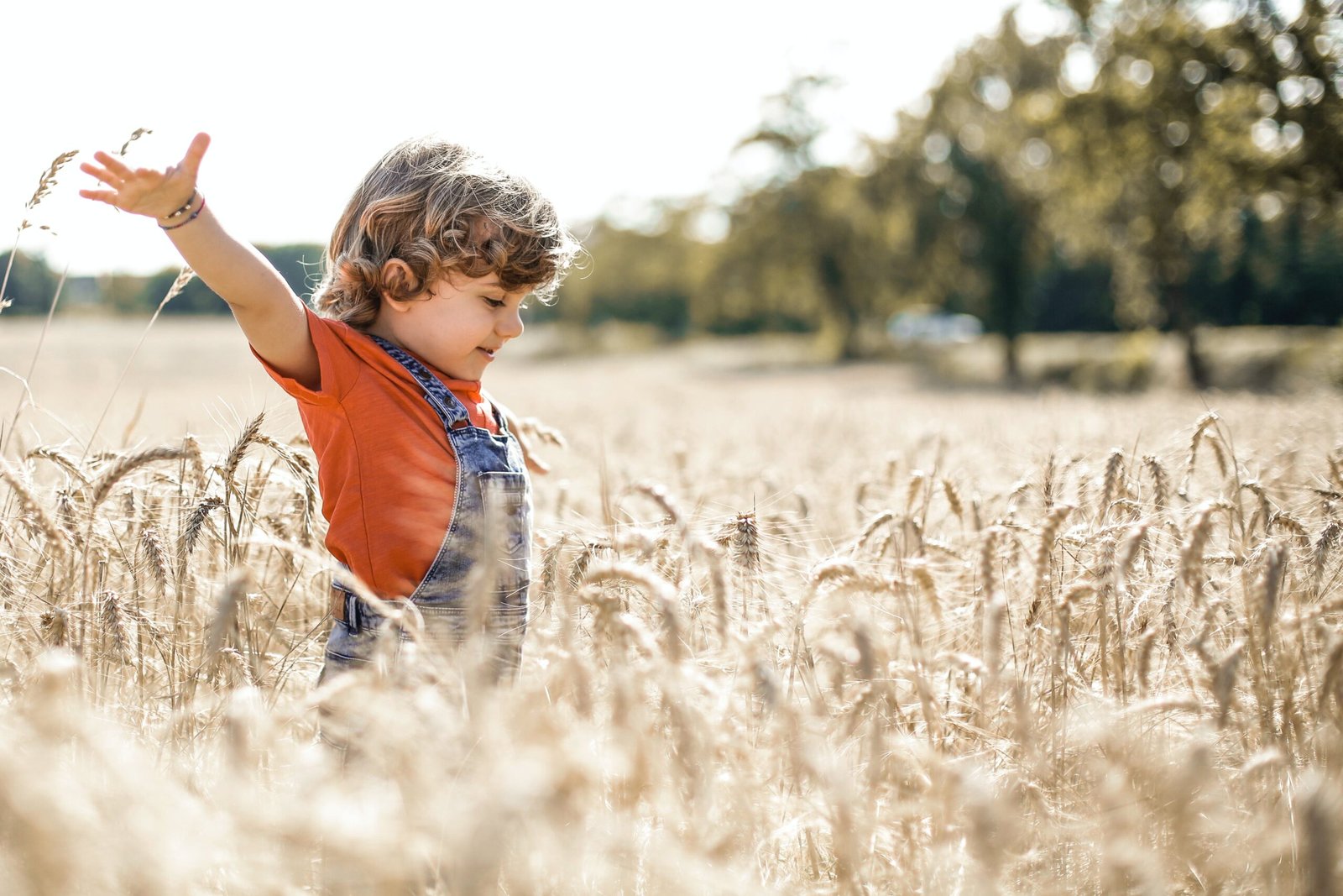 Enfant souriant, bras levés, jouant dans un champ de blé en plein air.