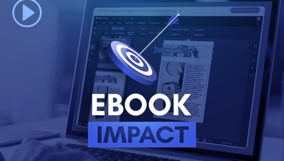 Ordinateur affichant un logiciel de création d'ebook avec le titre "Ebook Impact", une formation sur la création d'ebooks percutants.